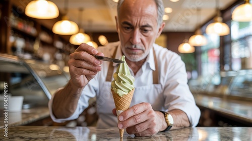 An experienced artisan carefully crafts a delicious green tea ice cream cone in his shop.