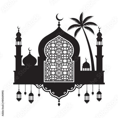 Elegant islamic mosque silhouette with palm trees and crescent moon design