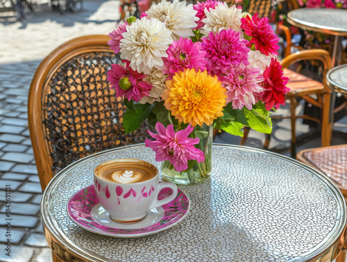 Colorful dahlia bouquet and latte art coffee on a mosaic cafe table in a sunny outdoor setting with classic chairs