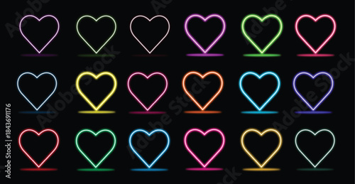 Neon heart suit icon. Glowing neon hearts sign on Dark Background.