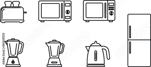 Set of kitchen appliance icons toaster, microwave oven, blender, electric kettle, and refrigerator, line art style
