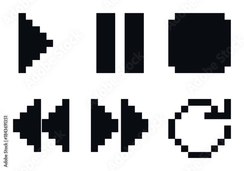 Pixelated media controls icons on dark background