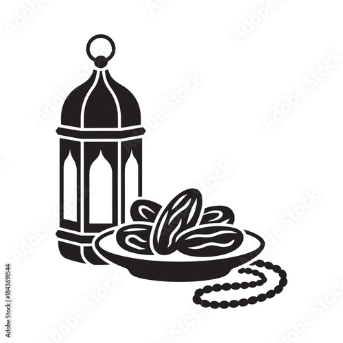 black ramadan lantern, dates, and prayer beads clip art preview