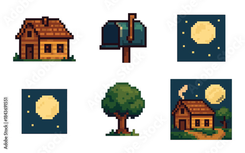 Pixel art house and nature icons with moonlit sky