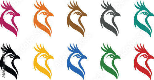 Stylized eagle head icons in various colors, Colorful eagle head silhouette set