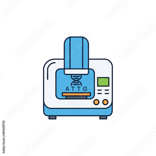 Scientific DNA sequencing machine with DNA base letters ATTG on screen