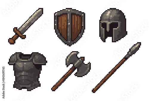 Pixel art medieval weapons and armor set on yellow background