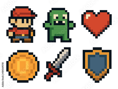 Pixel art icons: adventurer, monster, heart, coin, sword, shield