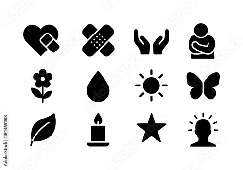 Symbols of Emotional Healing. Emotional healing. Solid icon set