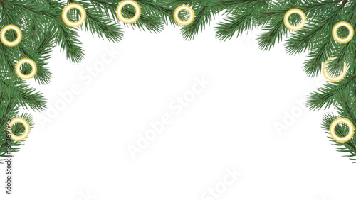Christmas fir tree branches with golden rings frame decor isolated on white background
