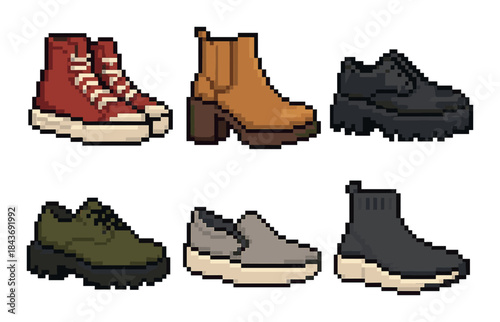 Pixel art collection of stylish footwear designs in various styles and colors