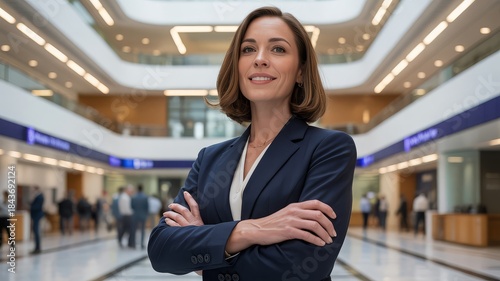 A confident businesswoman in a dark suit stands with her arms crossed in a modern office building lobby.