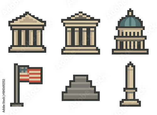 Retro pixel art of iconic washington d.c. landmarks and american flag