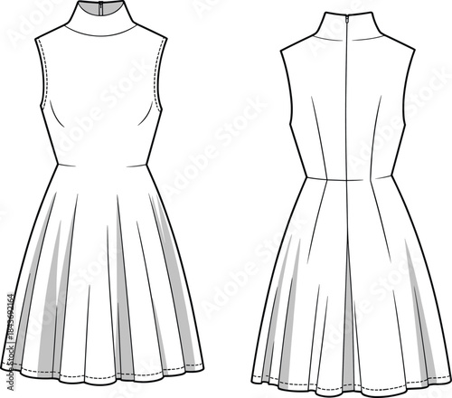 Women's sleeveless high neck dress technical fashion flat illustration showing front and back views with fitted bodice and flared skirt