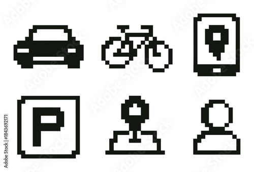 Pixel art icons of transportation and navigation on yellow background