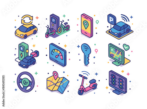 Smart Mobility Icons. Smart mobility. Colorful isometric vector