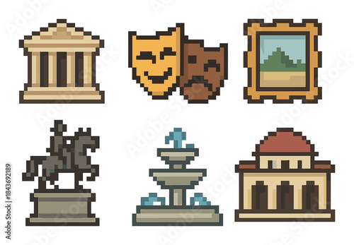 Pixel art icons: theater, art, history, architecture, statues, fountain