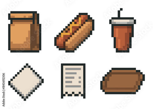 Retro pixel art icons: fast food, hot dog, soda, napkin, receipt, tray