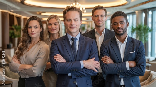 A diverse group of five professionals in business attire stands confidently with their arms crossed.