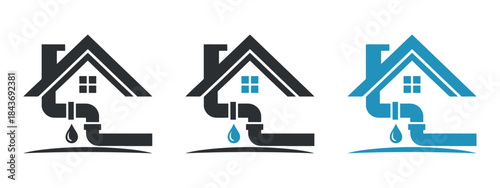 Three house logos incorporating a water droplet design in different color schemes
