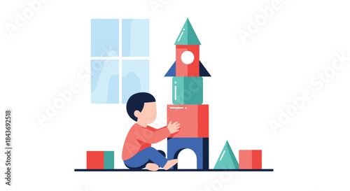 Young child sitting on the floor and building a tall rocket ship tower with colorful wooden blocks, fostering creativity and motor skills.