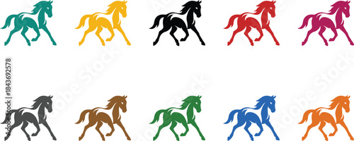 Running horse icons in various colors, Colorful horse motion silhouette collection