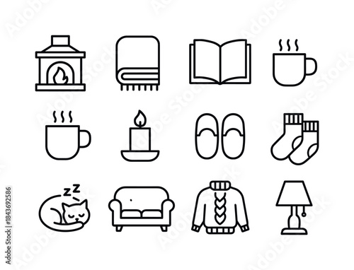Cozy Indoors Icons. Cozy Indoors. Line icon set of cozy indoors: