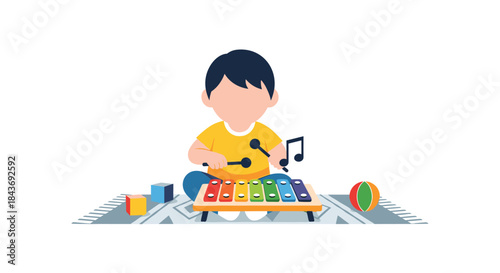 Toddler sitting on a rug and playing a colorful xylophone, learning about music and rhythm in a playful early-development activity.