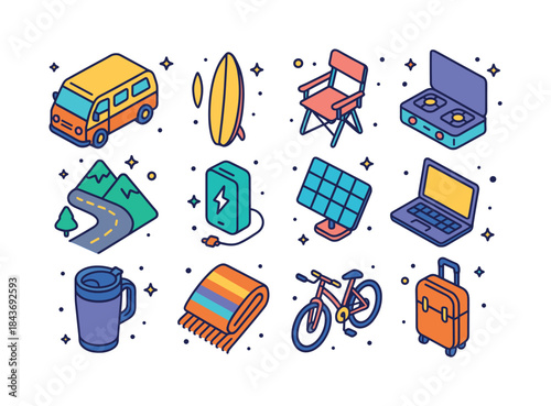 Isometric Van Life Icons. Van Life. Colorful isometric vector ic
