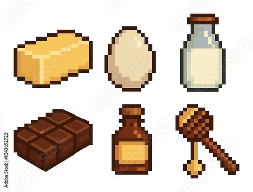 Pixel art ingredients: butter, egg, milk, chocolate, vanilla, honey on yellow background