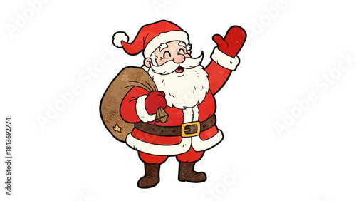 Jolly santa claus cartoon character illustration with gift sack waving hand on white background