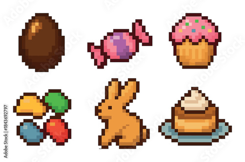 Pixel art candy collection with easter bunny chocolate and cupcake