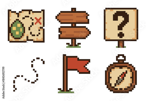 Pixel art icons: treasure map, signpost, compass, red flag, question mark