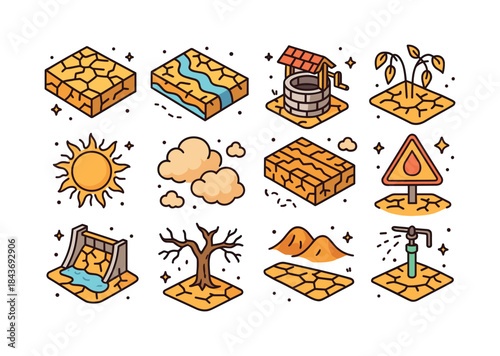 Drought Icons Collection. Drought. Colorful isometric vector ico