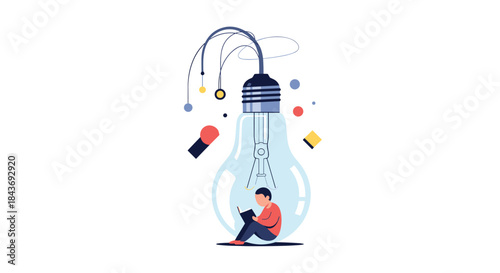 Creative person sitting inside a large, transparent lightbulb and reading a book, symbolizing inspiration, learning, and bright ideas.