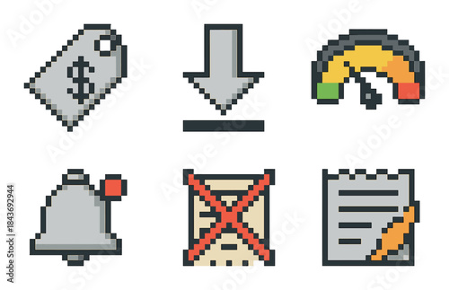 Pixel art icons: price tag, download arrow, speedometer, bell, cancel symbol, notepad