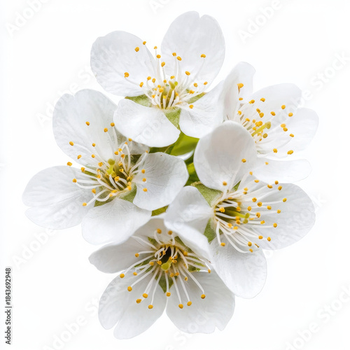 A close-up of multiple delicate white flowers with bright yellow stamens, clustered together against a clean white background, showcasing their fresh details