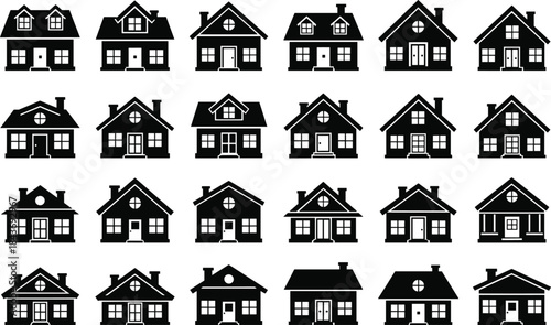 House silhouette icon set featuring different home styles, residential building shapes, real estate symbols collection isolated on white background vector illustration.