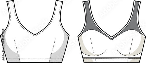 Women's sports bra technical fashion flat illustration showing front and inner views with supportive cups and seam details