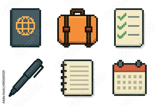 Pixel art travel essentials: passport, suitcase, checklist, pen, notebook, calendar