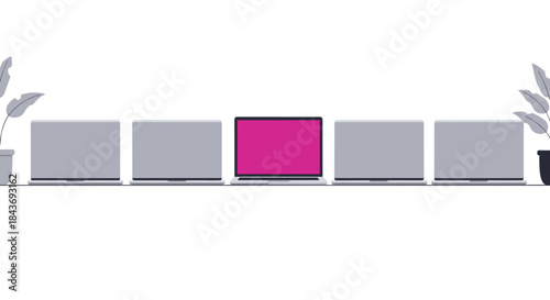 Bright pink laptop standing out in a row of gray computers, representing creativity, individuality, and a unique approach in the workplace.