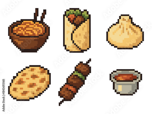 Pixel art: diverse asian cuisine with noodles, dumplings, and skewers