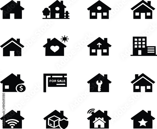 House and real estate icons set, home building symbols, property and apartment silhouettes