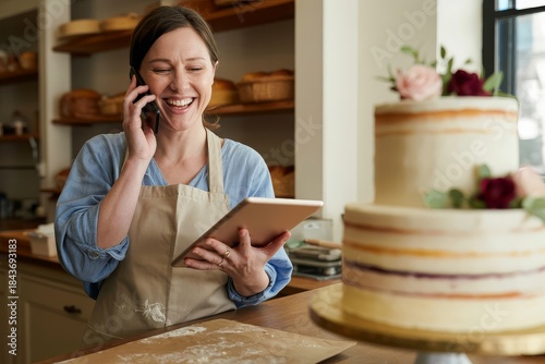 A smiling baker wearing an apron talks on her phone while holding a tablet in a bakery with a cake in the foreground.