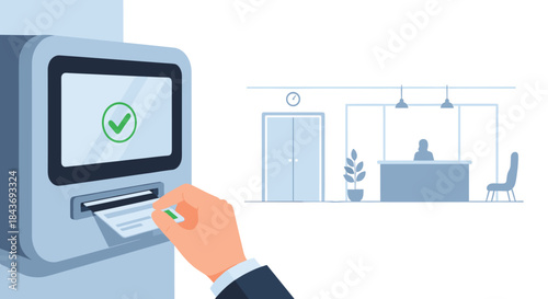 Person's hand taking a numbered ticket from a queue management system machine in a modern office or bank lobby for organized customer service.