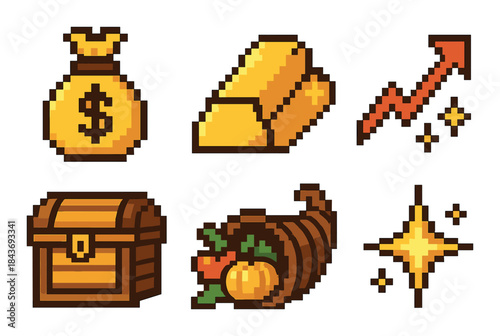 Retro pixel art icons: money bag, gold bar, arrow, chest, cornucopia, star