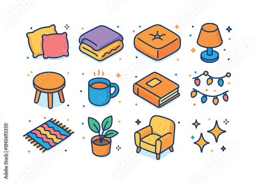 Cozy Corner Icons. making a cozy corner with pillows and a blank