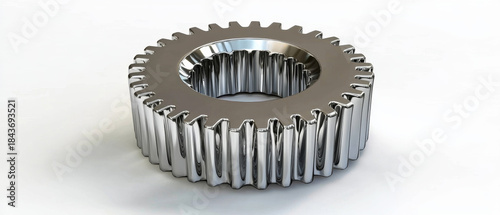 A single, highly reflective metallic gear with external teeth and a matching toothed inner hole sits on a clean white background