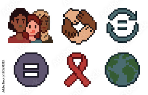 Diverse unity pixel art: multiracial harmony and equality symbols