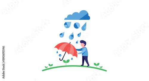 Kind person holding a red umbrella to protect small plant sprouts from the rain, symbolizing protection, care, and support for new growth.